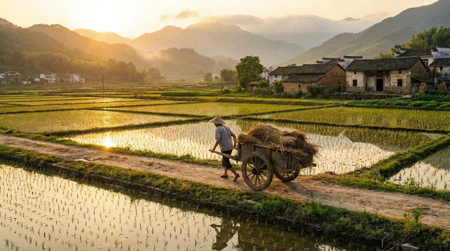 我早就想在公司要你了视频 - 金色夕阳下的乡村田野，老农推着木车行走在田埂上
